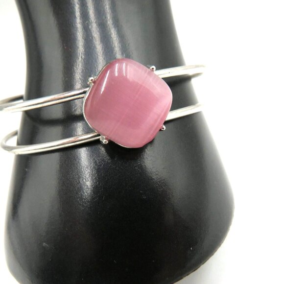 Cuff Bracelet Silver Tone Double Wire Square Pink Acrylic Stone Prong Setting - Picture 1 of 10